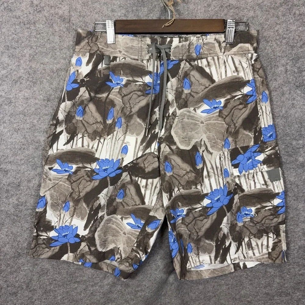 Zegna Sport Swim Trunks Shorts Mens Sz S Brown Blue‎ Tropical Floral Hibiscus
